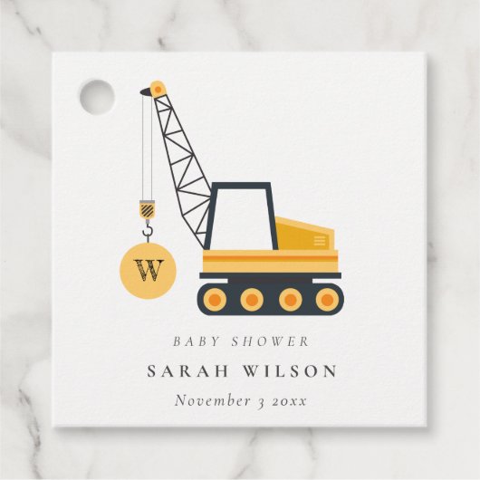 Cute Yellow Construction Crane Vehicle Baby shower Bedankjes Labels (Voorkant)