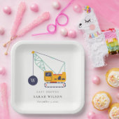 Cute Yellow Construction Crane Vehicle Baby shower Papieren Bordje (Feest)