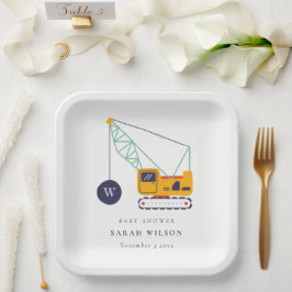 Cute Yellow Construction Crane Vehicle Baby shower Papieren Bordje