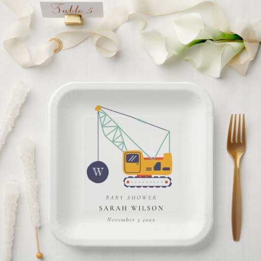Cute Yellow Construction Crane Vehicle Baby shower Papieren Bordje (Huwelijk)