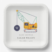Cute Yellow Construction Crane Vehicle Baby shower Papieren Bordje (Voorkant)