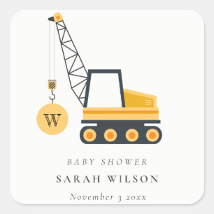 Cute Yellow Construction Crane Vehicle Baby shower Vierkante Sticker