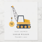Cute Yellow Construction Crane Vehicle Baby shower Wijn Etiket (Enkel label)