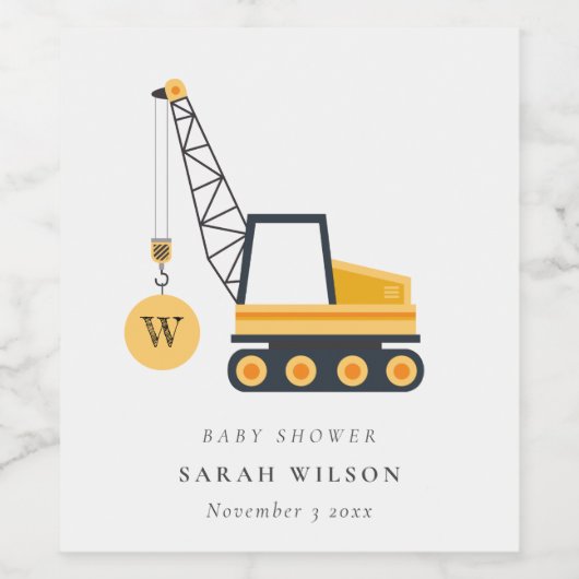 Cute Yellow Construction Crane Vehicle Baby shower Wijn Etiket (Enkel label)