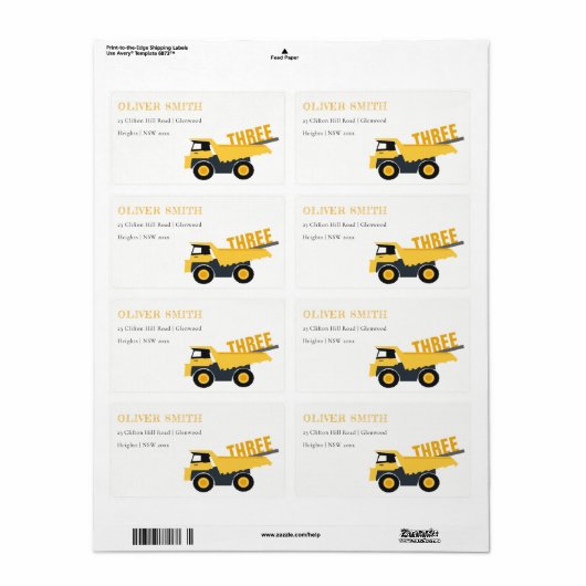 Cute Yellow Construction Dump Truck Address Etiket (Full Sheet)