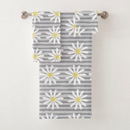 Cute Yellow Daisy Floral Grey Stripes Pattern Bad Handdoek