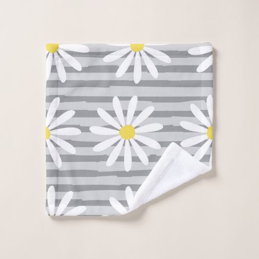 Cute Yellow Daisy Floral Grey Stripes Pattern Bad Handdoek (Wasdoekje)