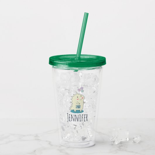Cute Yellow Dino met Happy Stars Acryl Drinkbeker (Achterkant ijs)