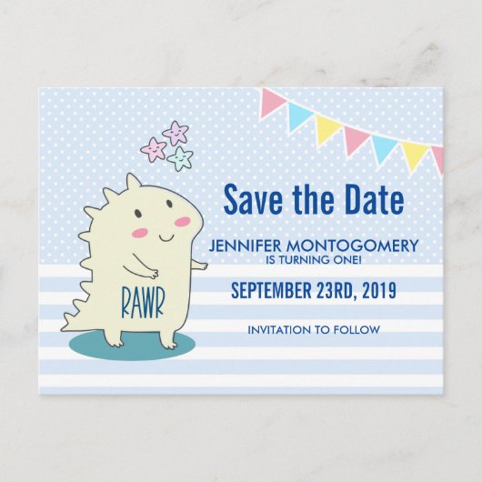Cute Yellow Dinosaur met Happy Star Save the Date Briefkaart (Voorkant)