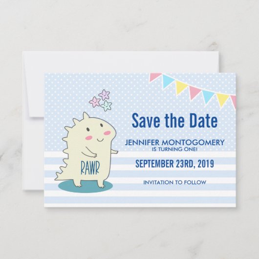 Cute Yellow Dinosaur met Happy Stars Birthday Save The Date (Voorkant)