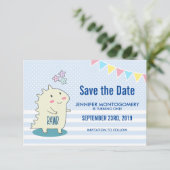 Cute Yellow Dinosaur met Happy Stars Birthday Save The Date (Staand voorkant)