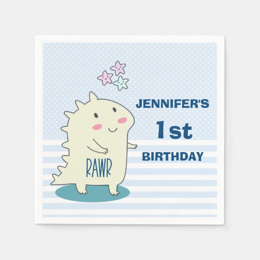 Cute Yellow Dinosaur met Happy Stars Birthday Servet (Voorkant)