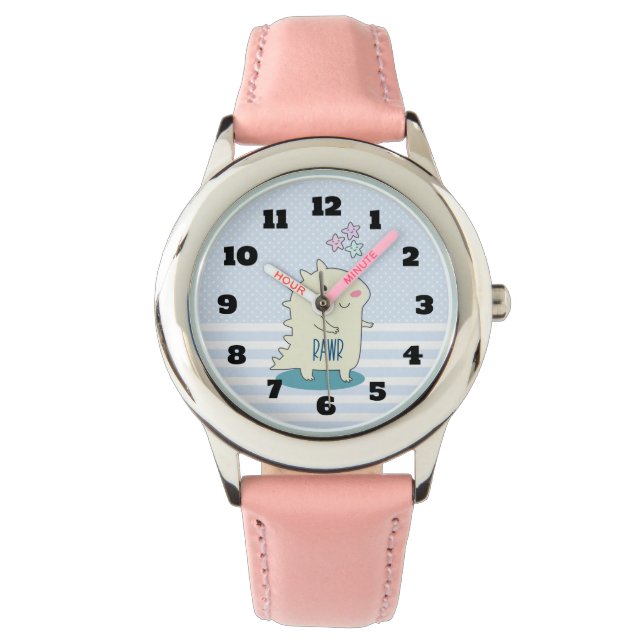 Cute Yellow Dinosaur met Happy Stars Horloge (Voorkant)