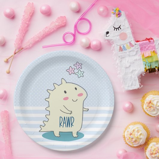 Cute Yellow Dinosaur met Happy Stars Papieren Bordje (Feest)