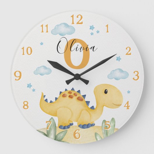 Cute Yellow Dinosaur Nursery Large Clock Personali Grote Klok (Voorkant)