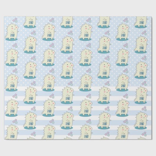 Cute Yellow Dinosaur Rawr met Happy Stars Pattern Cadeaupapier (Vlak)