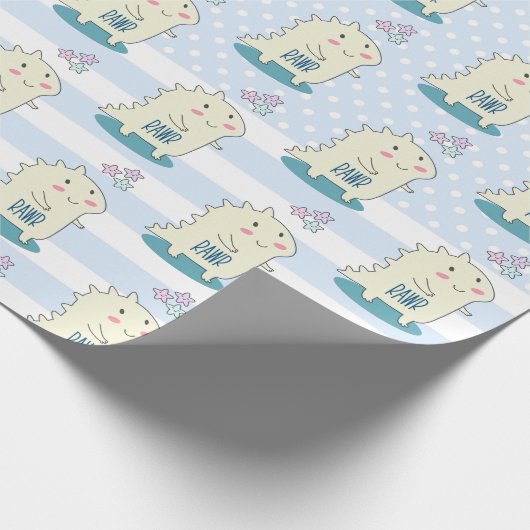 Cute Yellow Dinosaur Rawr met Happy Stars Pattern Cadeaupapier (Hoek)