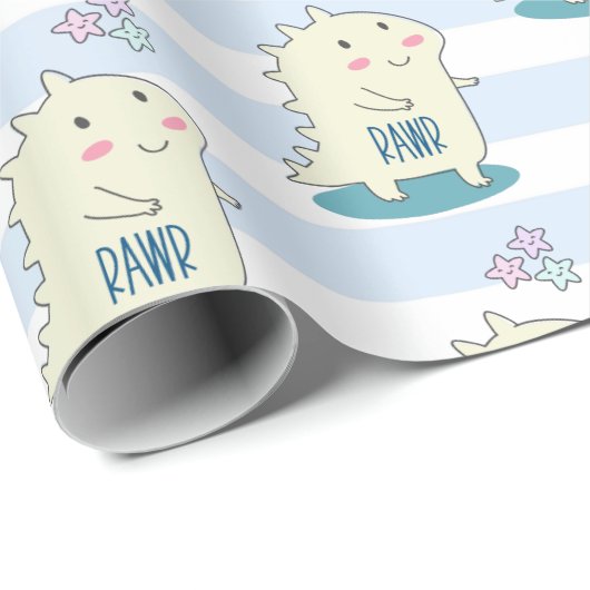 Cute Yellow Dinosaur Rawr met Happy Stars Pattern Cadeaupapier (Rol Hoek)