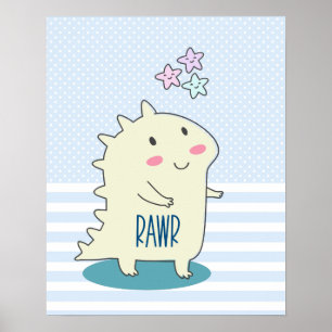 Cute Yellow Dinosaur Rawr met Happy Stars Poster