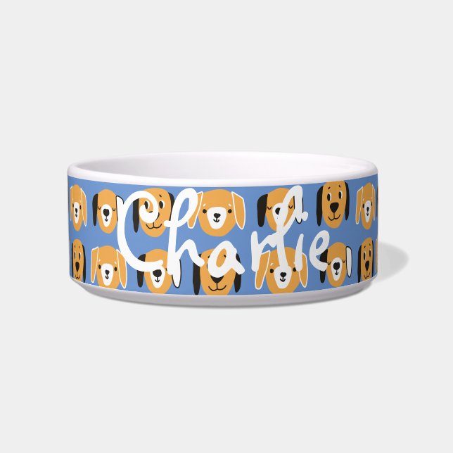 Cute Yellow Dog Head Pattern  Name Bow Voerbakje (Voorkant)