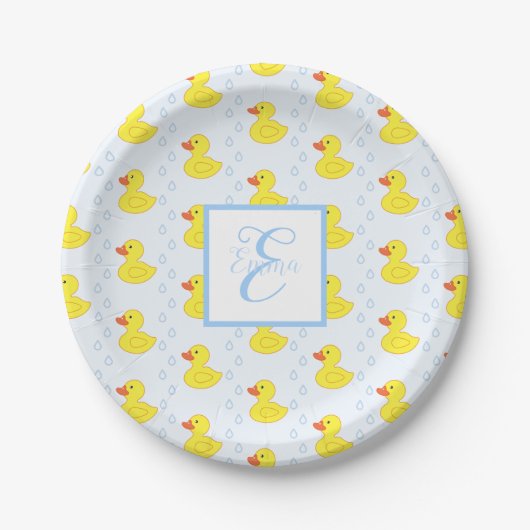 Cute Yellow Duck Pattern Monogram Baby Girl Papieren Bordje (Voorkant)