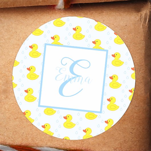 Cute Yellow Duck Pattern Monogram Baby Girl Ronde Sticker
