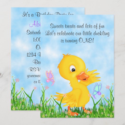 Cute Yellow Ducking and Butterflies 1ste verjaarda Kaart (Voorkant / Achterkant)