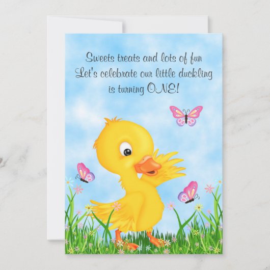 Cute Yellow Ducking and Butterflies 1ste verjaarda Kaart (Voorkant)