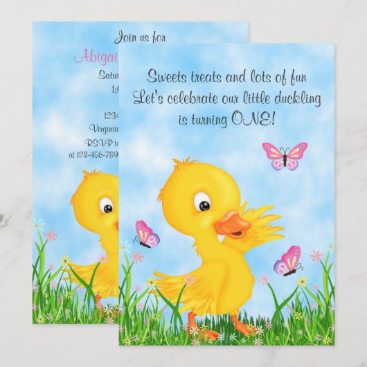 Cute Yellow Ducking and Butterflies 1ste verjaarda Kaart (Voorkant / Achterkant)
