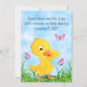 Cute Yellow Ducking and Butterflies 1ste verjaarda Kaart