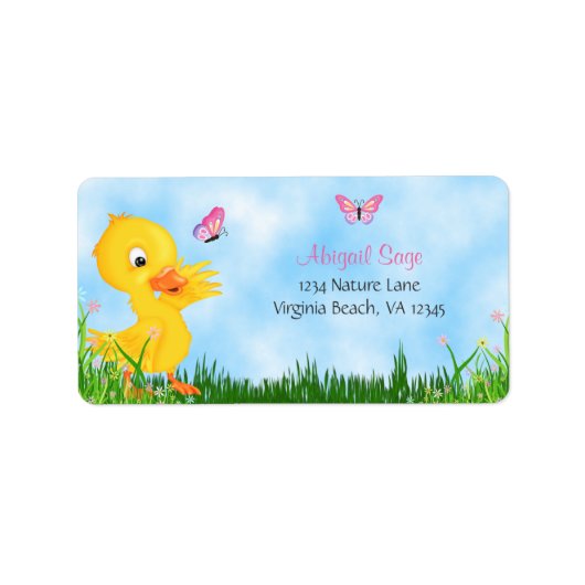 Cute Yellow Ducking and Pink Butterflies Adres: Etiket (Voorkant)