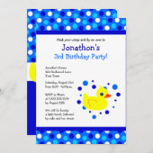 Cute Yellow Ducky Blue Polka Dots Birthday Invite Kaart (Voorkant / Achterkant)