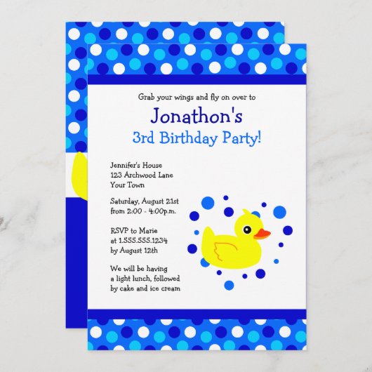 Cute Yellow Ducky Blue Polka Dots Birthday Invite Kaart (Voorkant / Achterkant)
