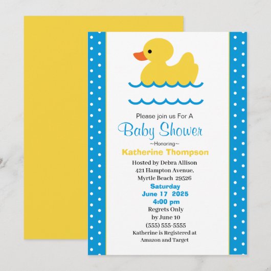 Cute Yellow Ducky Boys Baby shower Invitation Kaart (Voorkant / Achterkant)