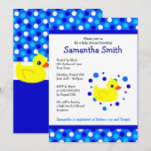 Cute Yellow Ducky op Blue Stippen Baby shower Invi Kaart (Voorkant / Achterkant)