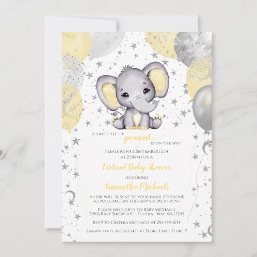 Cute Yellow Elephant-ballonnen Virtual Baby shower Kaart (Voorkant)
