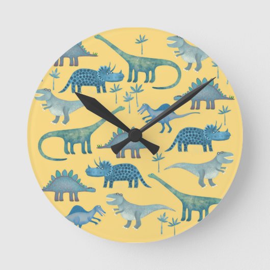 Cute Yellow en Blue Dinosaurs Ronde Klok (Voorkant)