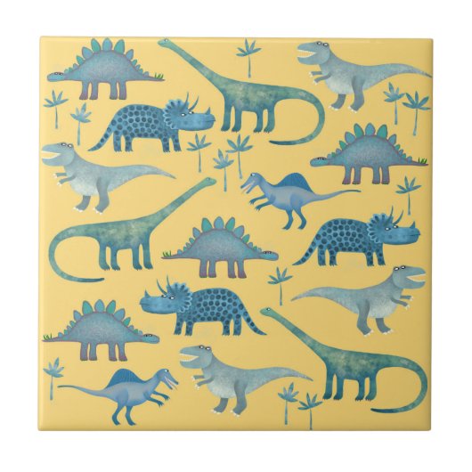 Cute Yellow en Blue Dinosaurs Tegeltje (Voorkant)