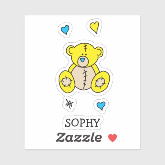 Cute Yellow en Blue Teddy Bear met hart Sticker (Vel)
