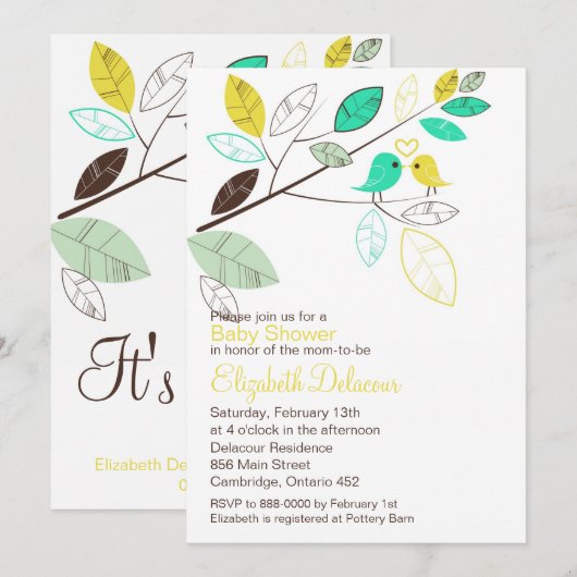 Cute Yellow en Green Lovebird Spring Baby shower Kaart (Voorkant / Achterkant)