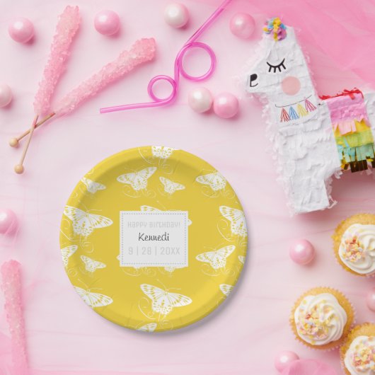 Cute Yellow en White Paper Bord met botervliegen (Feest)