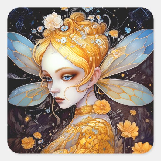 Cute Yellow Fairy Fantasy Art Vierkante Sticker (Voorkant)