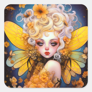 Cute Yellow Fairy Fantasy Art Vierkante Sticker