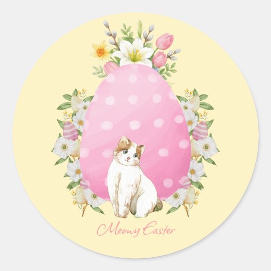 Cute Yellow Floral Easter Cat Ronde Sticker (Voorkant)