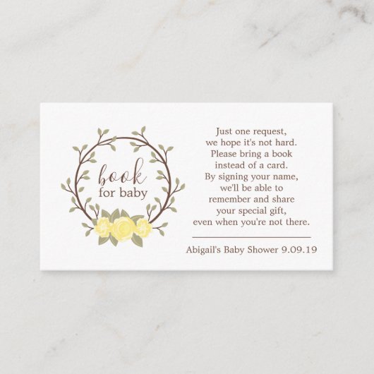 Cute Yellow Floral WreatBook Request Baby shower Informatiekaartje (Voorkant)