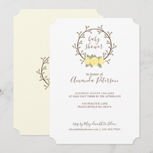 Cute Yellow Floral Wreator Baby shower Kaart (Voorkant / Achterkant)