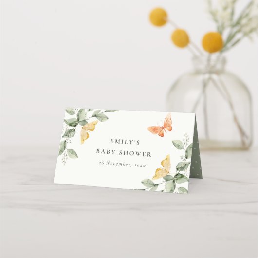 Cute Yellow Garden Foliage Butterflies Baby shower Plaatskaartje (Voorkant)