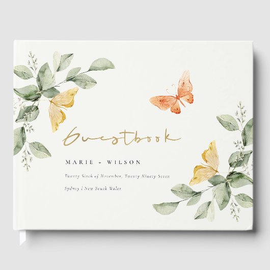 Cute Yellow Garden Foliage Butterflies Wedding Gastenboek (Voorkant)