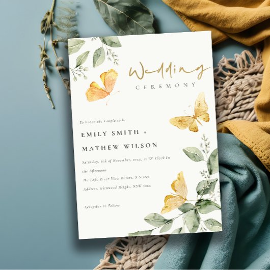 Cute Yellow Garden Foliage Butterflies Wedding Kaart
