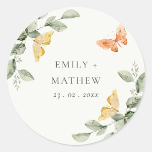 Cute Yellow Garden Foliage Butterflies Wedding Ronde Sticker
